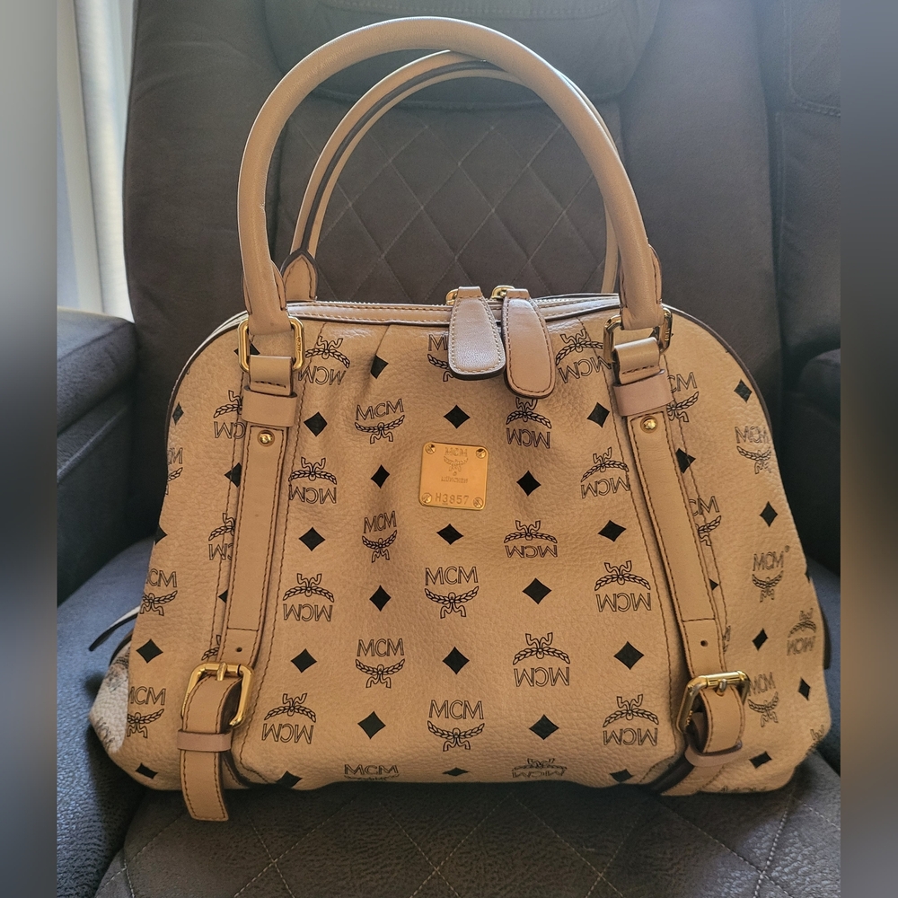 MCM Beige & Gold Hardware, Logo Satchel Bag. EUC